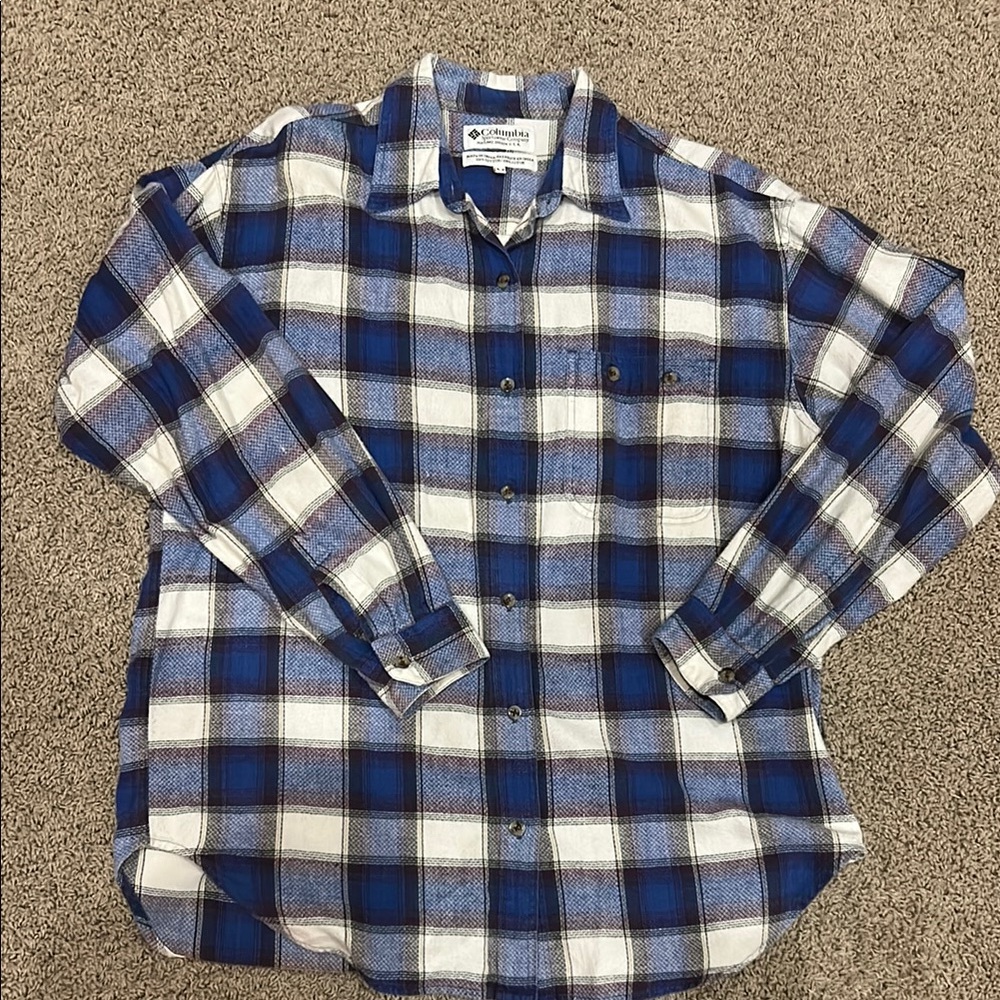 Vintage Columbia Women's Blue Plaid Shirt. Medium